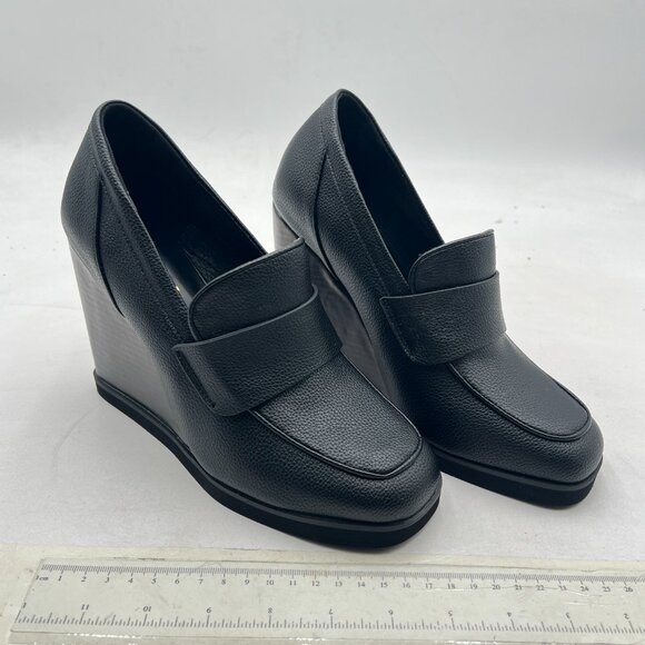 YDN Black Strappy Pumps Square Closed Toe Slip On Loafers Wedge High Heels Shoe - Picture 4 of 8